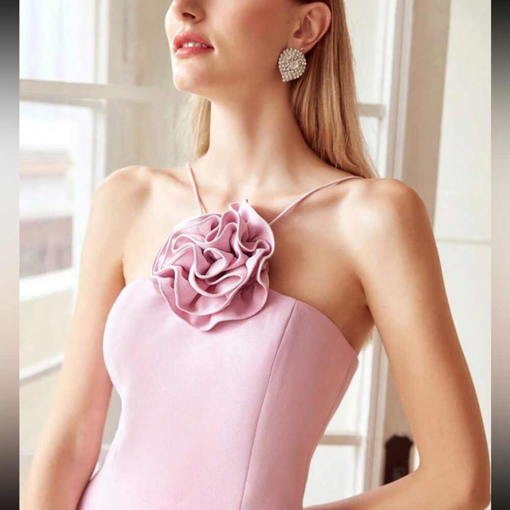 3D Flower applique rosette midi dress light pink - Picture 4 of 6